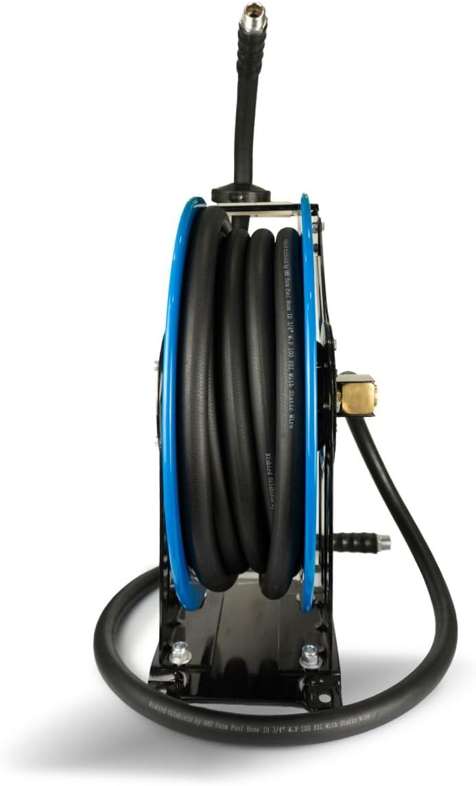 OIL SHIELD OSFHRONE40 Farm Fuel Hose Reel – Heavy Duty Assembly, 1" x 40' Rubber Hose, 1" MNPT, Static Wire, 100 PSI, Kink & Cold-Weather Resistant, Diesel & Gasoline Use