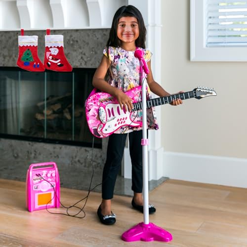 iMeshbean Guitar and Microphone Play Set for Kids,Adjustable Height Microphone with Stand,Electric Guitar Microphone Amplifier Set Karaoke Musical Instruments for Kids Girls Boys (Pink)
