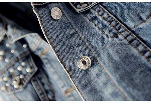 Flygo Women's Denim Trucker Jacket Distressed Beaded Pearls Button Down Jean Coat (X-Large, Blue) #TOP5