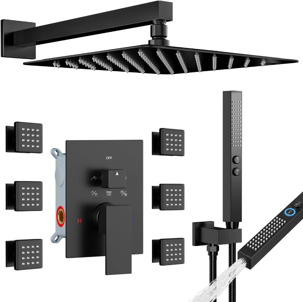 - Matte Black Shower System with Body Jets, STARBATH 12 Inch Rainfall Shower and Handheld Spray, Wall Mounted Full Body Shower System Rough-in Mixer Pressure Balance Valve Shower Faucet Set Complete