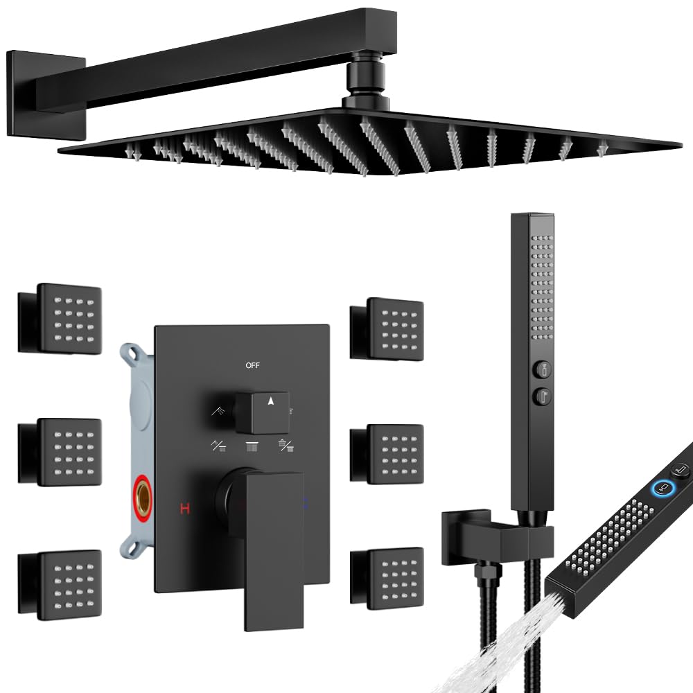 Matte Black Shower System with Body Jets, STARBATH 12 Inch Rainfall Shower and Handheld Spray, Wall Mounted Full Body Shower System Rough-in Mixer Pressure Balance Valve Shower Faucet Set Complete