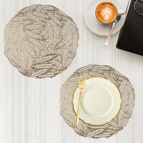 Image of Kuber Industries Side Table Mats | Leather Bedroom Center Table Mat Set | Round Leaf-Design | Golden
