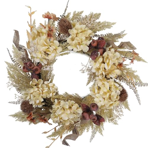 BINFEN 20 Inch Winter Fall Wreaths for Front Door, Boho Front Door Wreath, Fake Dried Hydrangea Flowers, Burlap, Pampas Fall Decorations for Home Farmhouse Front Porch