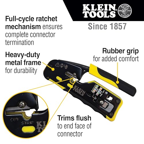 Klein Tools VDV226‑110 Krimp- en striptang 15,5 cm, voor RJ11 RJ12 RJ45 & Pass‑Thru Cat 3-6A, met snijfunctie, ratelvergrendeling en kleurcode-weergave, nauwkeurige flush‑trim‑technologie - Afbeelding 3