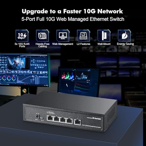 Image of MokerLink 5 Port 10Gbps Managed Switch, 5x10G RJ45 Ethernet Ports, 10G /5G /2.5G /1000M /100Mbps, 100Gbps Bandwidth, Metal L2 Web Managed Network Switch