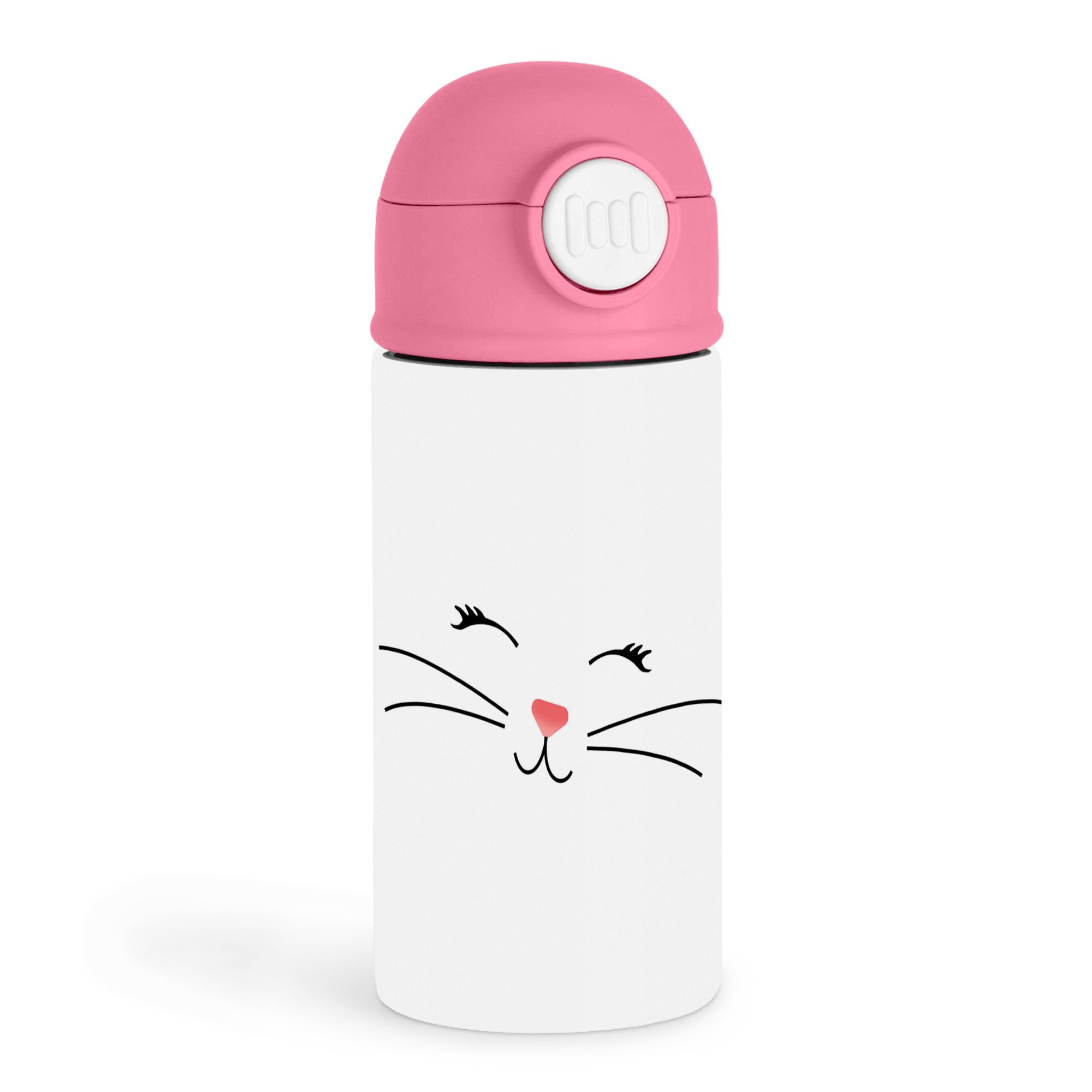 Sweet Cat Lover 12oz Kids Pink Bottle – White bottle with a cute kitty face and whiskers – School Lunch, Outdoor Play