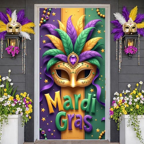 Mardi Gras Door Cover Decorations Purple Green Gold Feather Mask Door Banner for Fat Tuesday New Orleans Carnival Masquerade Party Home Front Door Supplies Photo Booth Props 70.8 x 35.4 Inch