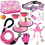 TEEMERRYCA Pink New Puppy Starter Kit for Small Dogs Included Feeding Bowls/ Bow Collar /Leash / Blanket/ /Squeak Toys/ Grooming Glove 12pcs Female Pup Daily Accessories Supplies Essentials Set