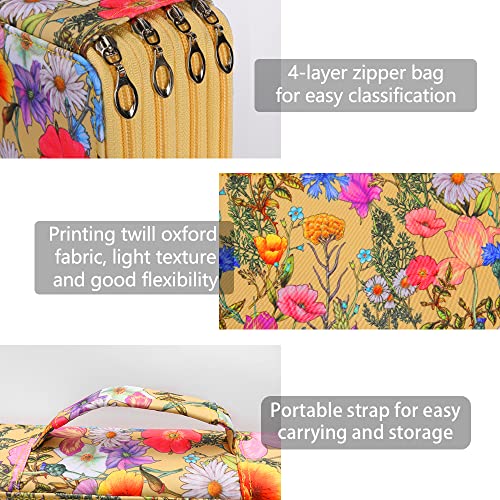 Image of Vomgomfom 300 Slots Marker Case 4-Layer PU Leather, Handle, Yellow Flower