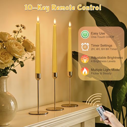 Image of Yellow Flameless Taper Candles with Remote, 9.6 Inches Real Wax Battery Operated Candles, 3 Pack Flickering LED Candlesticks, Tall Taper Fake Candles for Home, Wedding, Party