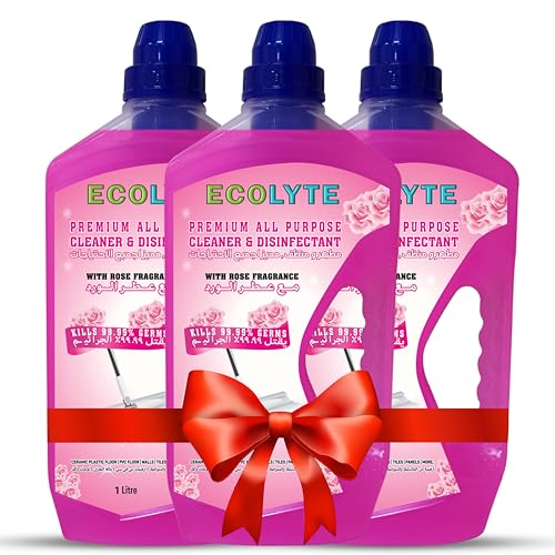 ECOLYTE+ Floor Cleaner, Premium All Purpose Cleaner Plus Disinfectant, for Hospital, Home, Office & Commercial Use for Dirt, Stains & Germs, Floor Cleaning (Rose, 1 Liter, Pack of 3)