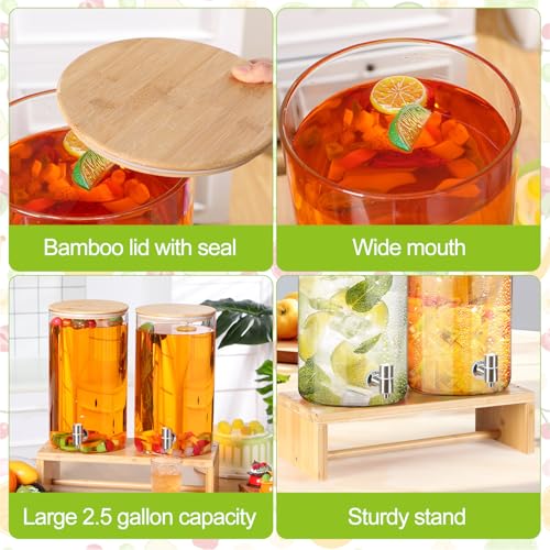 Honeydak 2 Pcs 2.5 Gallon Glass Drink Dispenser with Stand for Christmas Party, Glass Water Beverage Dispenser with Lid and Stainless Steel Spigot Water Jar Leakproof for Picnic, BBQ, Juice Drinks