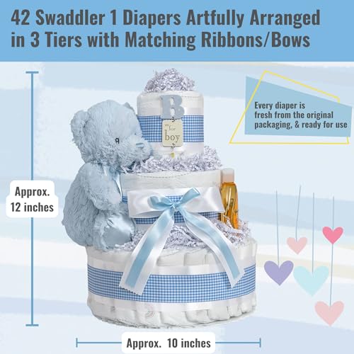Image of Lil' Baby Cakes Baby Boy Diaper Cake for Baby Shower - Blue Premade Gift | Handmade 3-tier tower: 42 Swaddlers Size 1 diapers, Gund teddy bear & baby shampoo - newborn keepsake, ready to gift