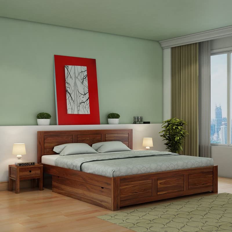 Image of WOODLAB Furniture Sheesham Wood King Size Bed with 2 Side Drawer Storage Wooden Double Bed Palang for Bedroom Living Room (Honey Finish)