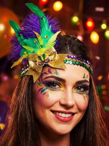 Woeoe Sequin Mardi Gras Headband Purple Feather Headpiece Yellow Green Custume Party Hair Band for Women