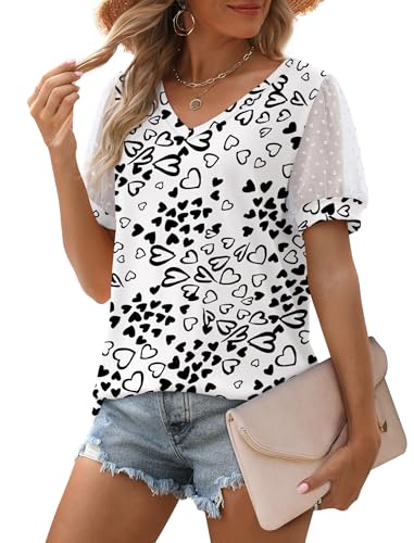 Image of Aokosor Womens Summer Tops V Neck T Shirts Swiss Dot Puff Sleeve Tops Loose Casual Tshirts
