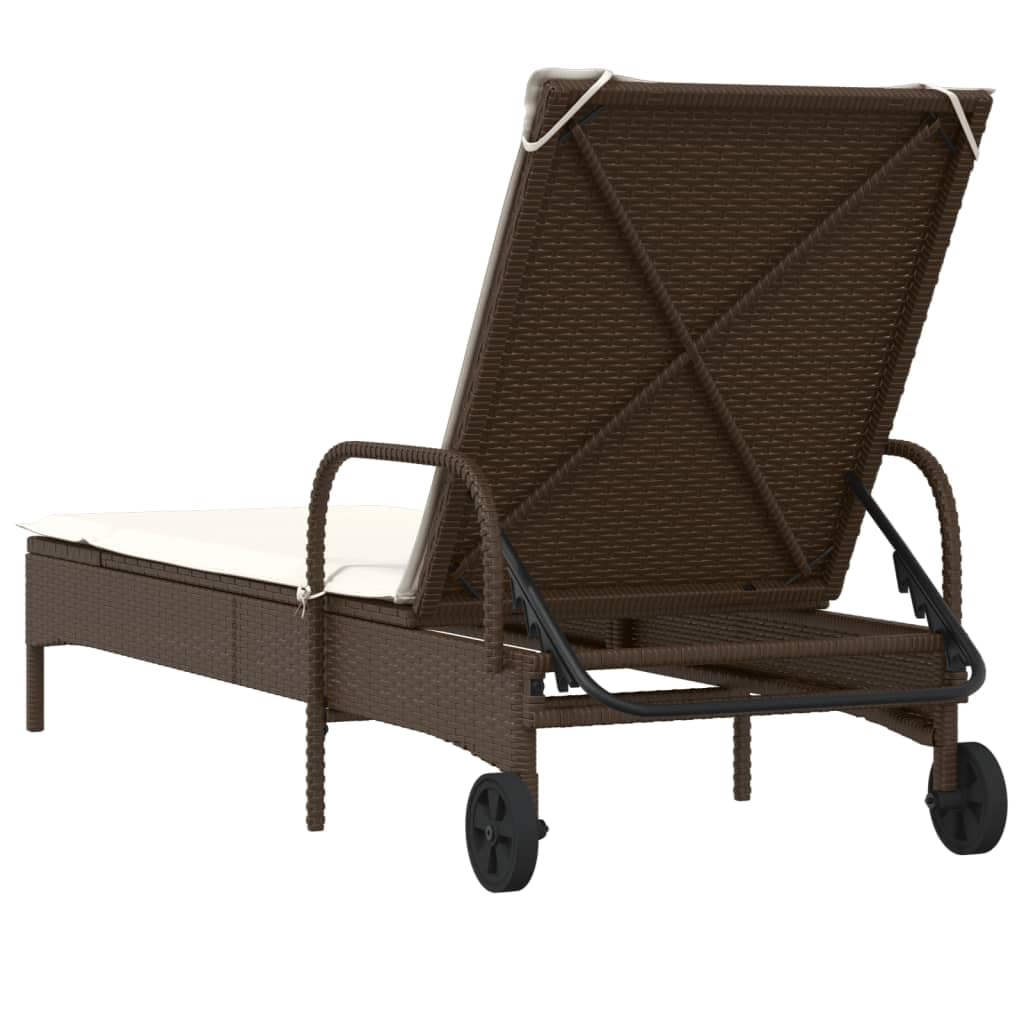 Lettino prendisole regolabile con ruote, lettino da giardino con rivestimento rimovibile e cuscino in polyrattan, lettino prendisole con ruote e cuscino, marrone