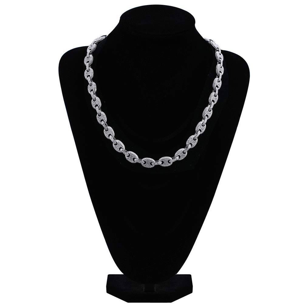 Collar de botón trenzado elíptico de cadena de oro grande sólido para hombre Micro-incrustaciones de circón Clavícula Cadena Hip-Hop Joyería-Silver-18inch