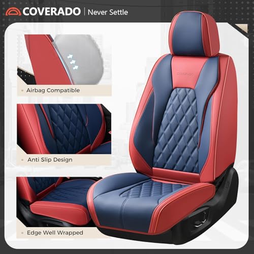 Image of Coverado Leather Car Seat Covers, Automotive Seat Cover Waterproof Seat Covers for Cars, 2 Pack Leather Seat Covers, Driver Seat Cover Car Seat Cushion Protector Universal Fit for Most Cars - Red&Blue