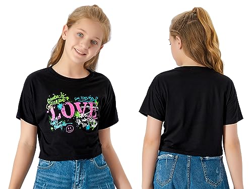 Stylish Graffiti/Butterfly Graphic Crop Top for Girls -Cool Summer T-Shirt Soft Colorful 2-Pack Tees Size 6-182