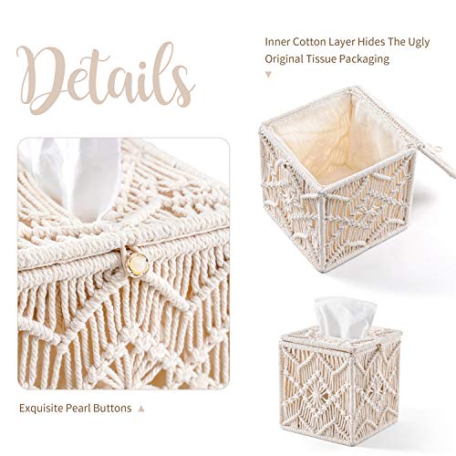 Mkono Tissue Box Cover Boho Decor Square Paper Tissue Holder With Bead Buckle Macrame Napkin Tissues Organizer Home Decor For Bathroom Bedroom Dresser Living Room Office, Ivory #TOP4