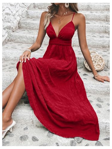 Image of Milumia Women's Summer V Neck Backless Maxi Dress Boho Spaghetti Strap A Line Flowy Beach Long Sundress