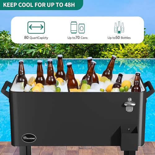 Image of YITAHOME 80 Quart Rolling Cooler Cart with Bottle Opener Drainage, Portable Wicker Patio Cooler Rolling on Wheels, Outdoor Beverage Cart Rolling Drink Cooler for Patio Pool Deck Party Cookouts