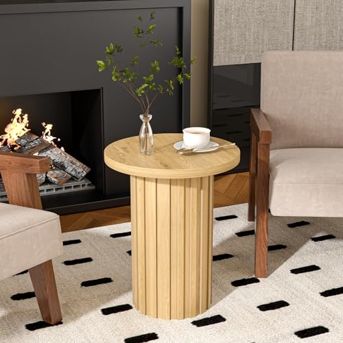 Fsbecl Farmhouse Pedestal End Table Round Side Table with Fluted Panel Rustic Drink Table for Small Space Living Room (Wood Color)