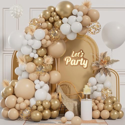 161pcs White and Gold Balloon Arch Kit - Garland With Nude Sand and Confetti Balloons for Birthday, Anniversary Party Backdrop Decoration