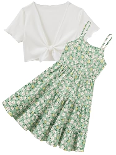 RAISEVERN Girls Green Floral Dresses Kids Cute Summer Dress Spring Back to School Clothes for Teen Girls Outfit Size 8