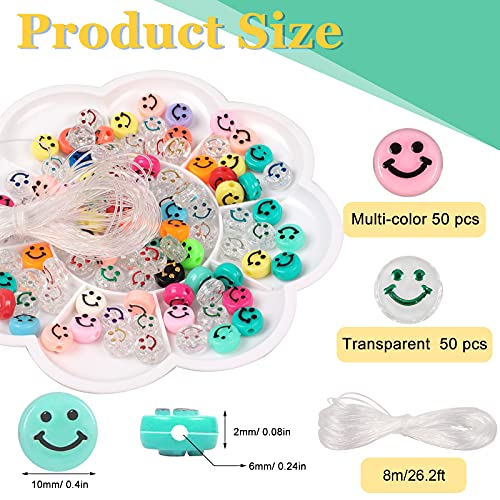 Smiley Face Beads - Reastar 100PCS Acrylic Beads, Happy Face Beads with Crystal Bracelet String - for Jewelry Making DIY Bracelet Earring Necklace Craft Making Supplies (Diameter 10mm) - Thumbnail 2