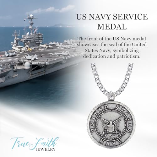 True Faith Jewelry Sterling Silver United States Navy Service Medal with St Michael Patron Saint Archangel Pendant Necklace, 1 Inch2
