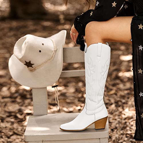 White Cowboy Boots,Knee High Cowboy Boots Comfortable Retro Flower Lace Pointed Toe Wide Calf Long Tall Block Chunky Heel Embroidered Western Cowgirl Mid Calf Boots Stack Heel Fashion White,08 #TOP5