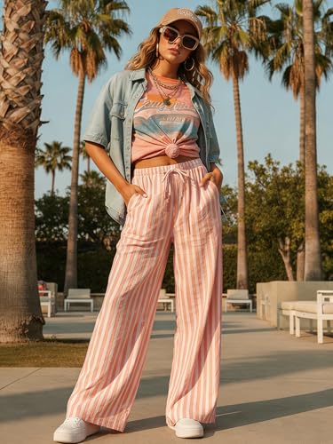 Image of MISSACTIVER Women Drawstring Striped Pants Loose Wide Leg Trousers Casual Low Waist Pants Comfy Lounge Pants with Pockets