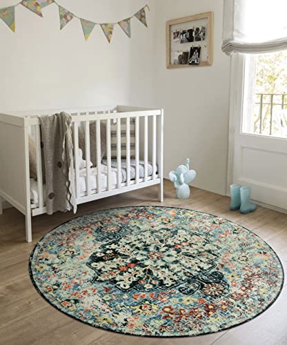 Lahome Bohemian Floral Medallion Round Rug - 4Ft Entryway Round Area Rug Soft Bathroom Circle Mat, Teal Turkish Non Slip Machine Washable Indoor Accent Carpet For Bedroom Kitchen Coffee Table #TOP7