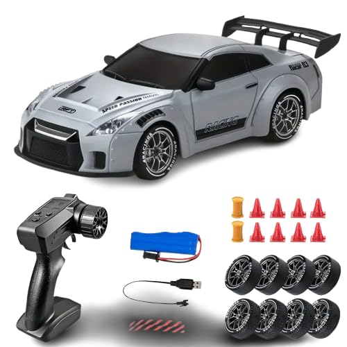 Coche RC Drift 4WD Nissan. Alta Velocidad, Control Remoto inalámbrico 2,4GHz, Luces LED, neumáticos de Alto Agarre y batería Recargable 500 mAh. Color Blanco. Coche Drift RC para Adultos