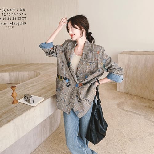 Women's casual long sleeved graffiti sports jacket, women's Korean checkered printed suit jacket2