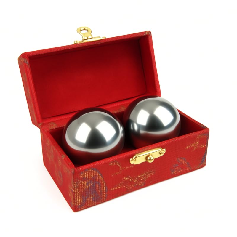 Therastar® QiGong Kugeln aus Metall silber – Klangkugeln zur Entspannung & Meditation – in 3 Größen Ø 3,5/4,0/4,5 cm – 1 Paar mit Brokatbox (Ø 3,5cm)