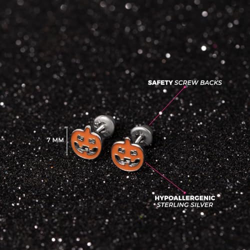 925 Sterling Silver Orange Enamel Pumpkin Jack O' Lantern Safety Screw Back Earrings For Little Girls - Children's Spooky Halloween Pumpkin Accessories - Halloween Earrings For Girls4