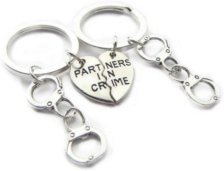 2 Partners in Crime Keychains, Best Friends Keyring Set, Split Heart Pendants, Friendship Jewelry, Handcuff Jewellery, Gift for Sisters Y