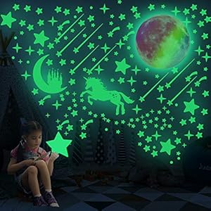 297 PSC Glow in Dark Realistische Eenhoorn Muurstickers Lichtgevende Maan en Ster Stickers .Plafond Stickers Perfect…