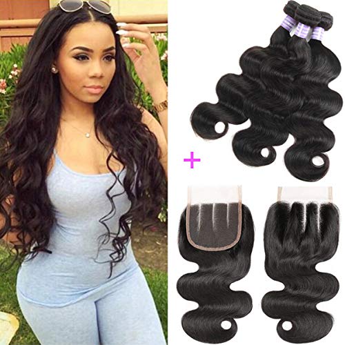 AMZTMY Brazilian Body Wave 3 Bundles with Closure 8A 100% Unprocessed Virgin Human Hair Bundles with 4×4 Lace Closure Hair Weave Extensions Natural Black Color (16 18 20+14 Three Part)