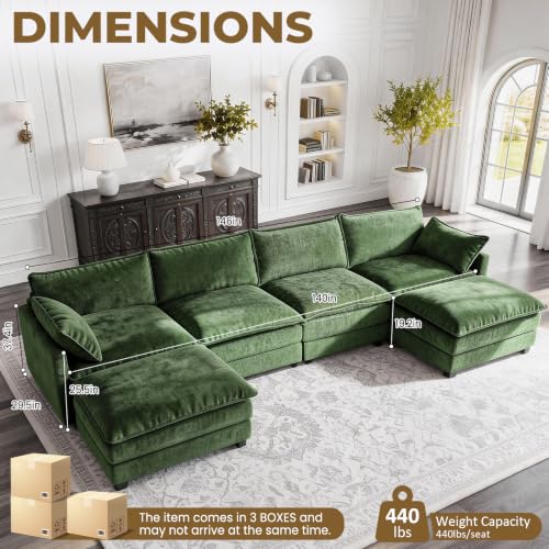 Image of 146 inch U-Shape Modular Sofa with 2 Ottomans, Deep Seat Cloud Convertible Sleeper, 2 Arm Pillows, Comfortable Large Upholstered Furniture for Living Room Apartment, Green