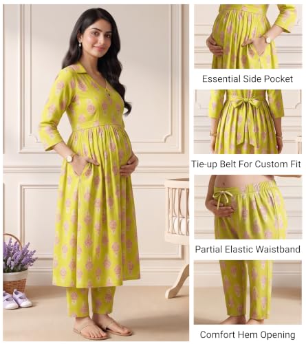 Image of DUMMY SHAPE Maternity Dresses for Women Cotton | Floral Kurta Pant Dupatta Set with Nursing Zippers, Side Pocket | Pre & Post Pregnancy | Feeding Kurti Suit | Baby Shower | Gifts for Pregnant Woman