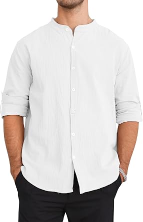 Linen Shirts for Men 2025 Fall Casual Long Sleeve Button Down Dress Shirts Banded Collar Summer Beach Tops