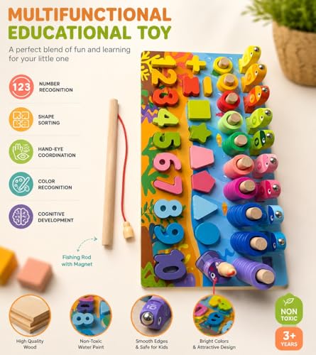Image of Toywood 6-in-1 Wooden Montessori Learning Board for Kids - Fishing Game, Number & Shape Sorting, Counting Rings, Math Puzzle & Color Matching Educational Toy for Toddlers