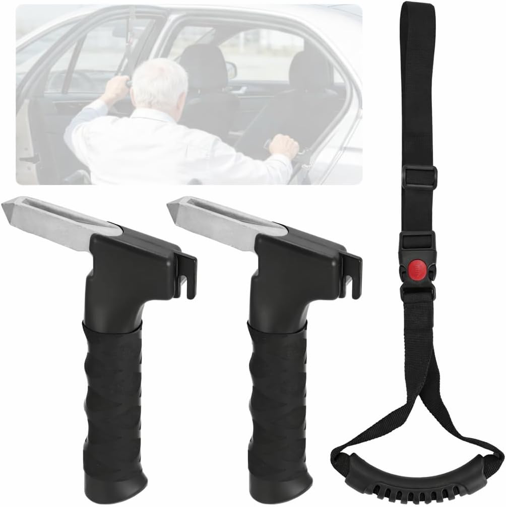 HygiVital 4-in-1 Car Door Assist Handles & Strap Set for Seniors - 2 Handles + Adjustable Strap, Seatbelt Cutter, Window Breaker (3 PCS)