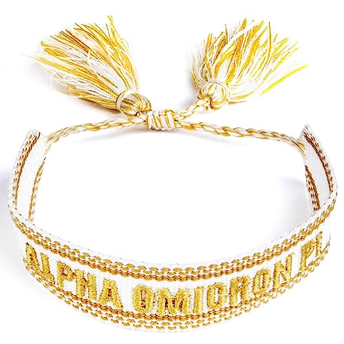 Sorority Shop Alpha Omicron Pi Bracelet — Woven Bracelet, White and Gold Design with AOP Sorority Name and Tassels, Greek Sorority Jewelry and Big Little Sorority Gifts