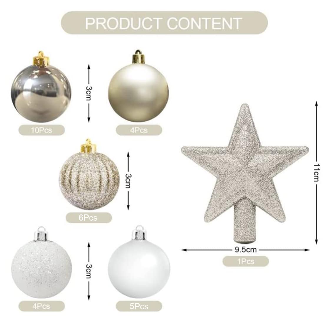 Decoracion de Bolas Arbol de Navidad Blanco Oro 3CM, 30 pcs, Mini Adornos, Esferas de Plastico, Regalos Colgantes
