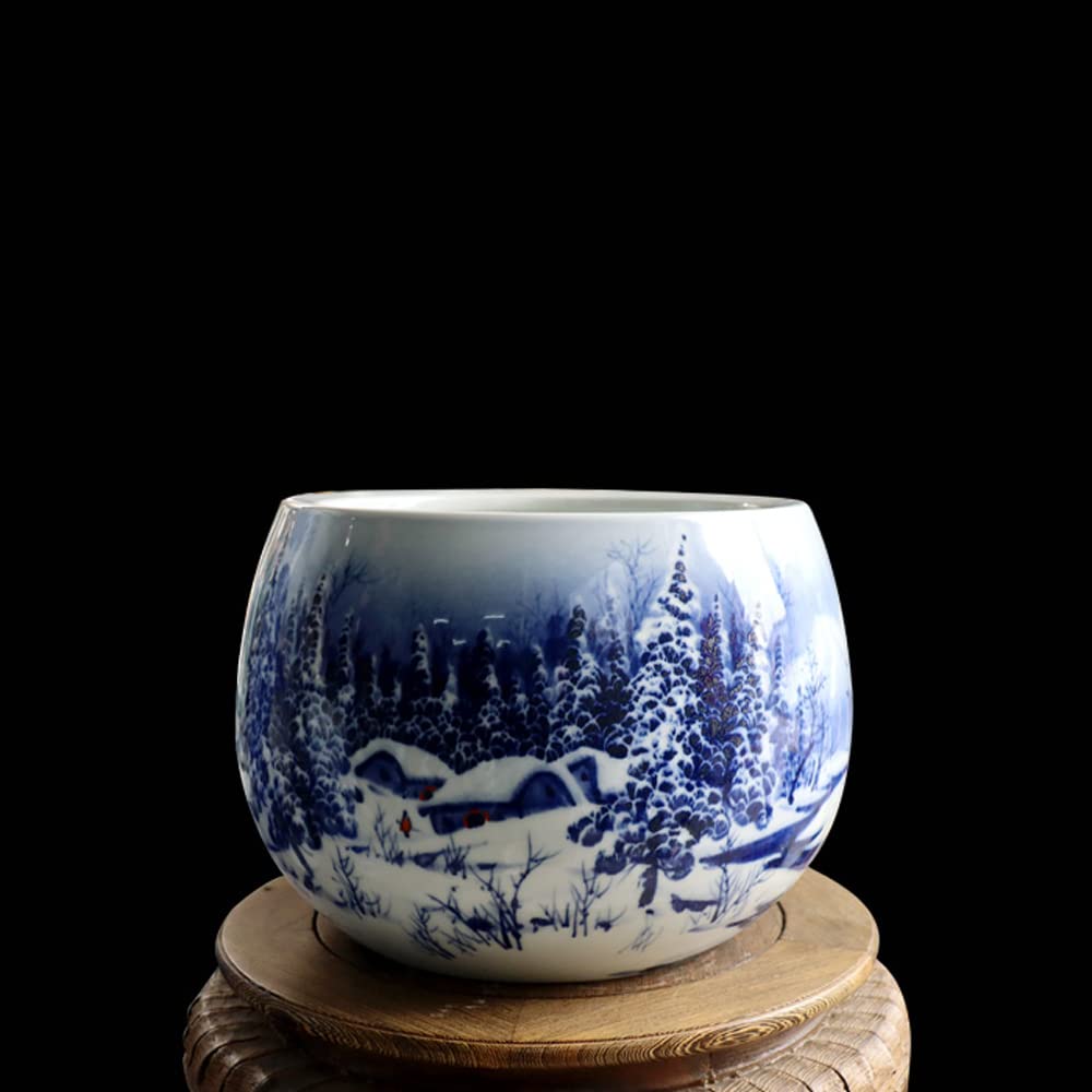 DFGHNBVC Chinoiserie Hand Painted Blue White Ceramic Edge Potbelly Shape Fish Bowl Planter Jingdezhen Plant Pot With Drainage Hole Flowerpot Indoor Home Decor,Nonporous